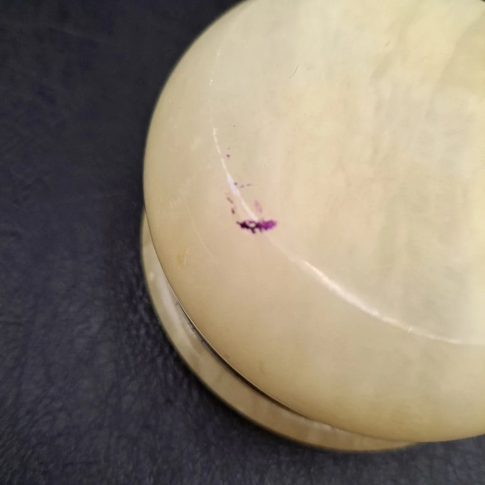 Vintage Alabaster Trinket Box Round Hinged Floral Rose Decal Cream Stone Italy